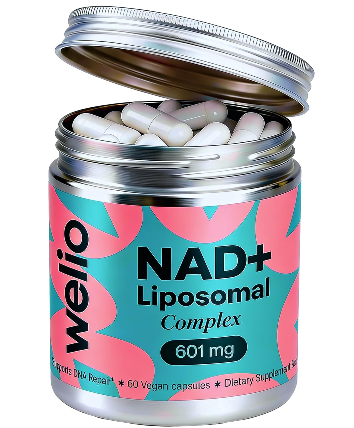 Welio Liposomal NAD+ bottle close-up highlighting premium formulation for daily energy support