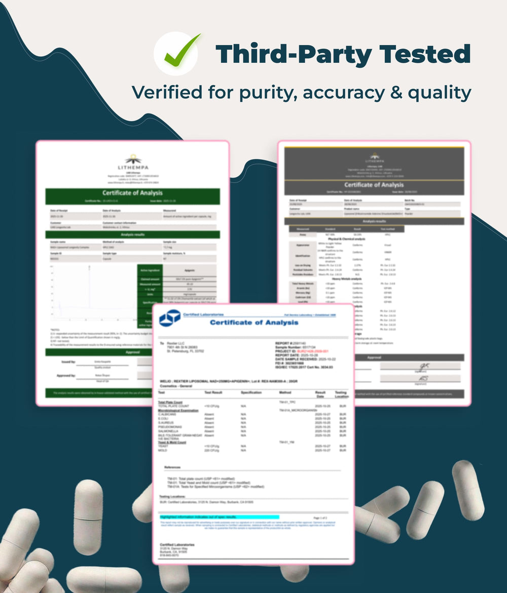 Welio Liposomal NAD+ GMP facility background emphasizes strict quality control