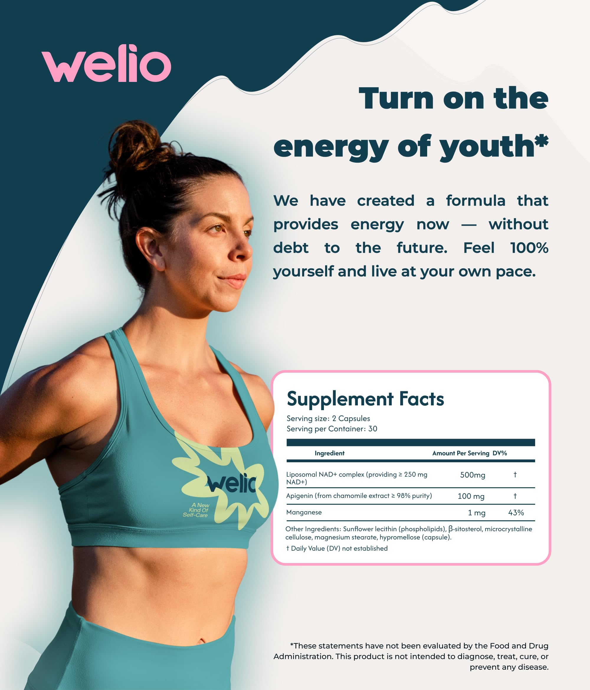Welio Liposomal NAD+ with a man using the product for focus and vitality