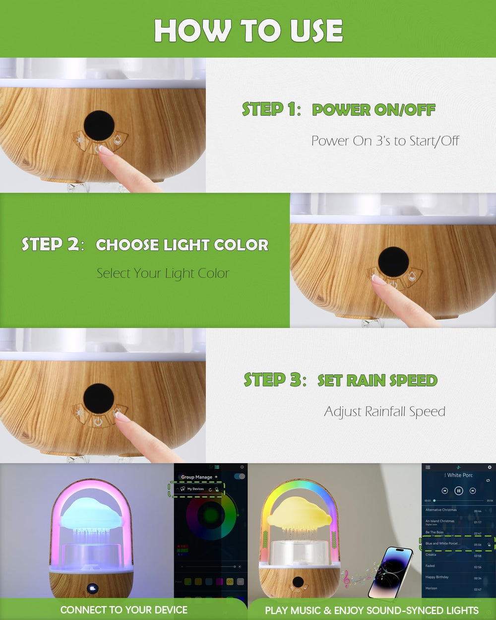 Weljoy diffuser functioning as a soft night light on a table