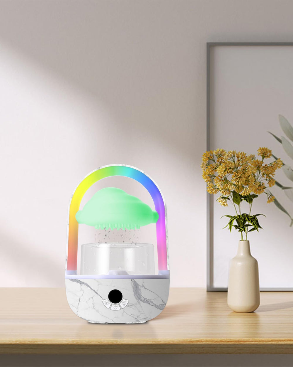 Weljoy Rainbow Rain Diffuser showing ring LED and cloud LED lights for desktop mood