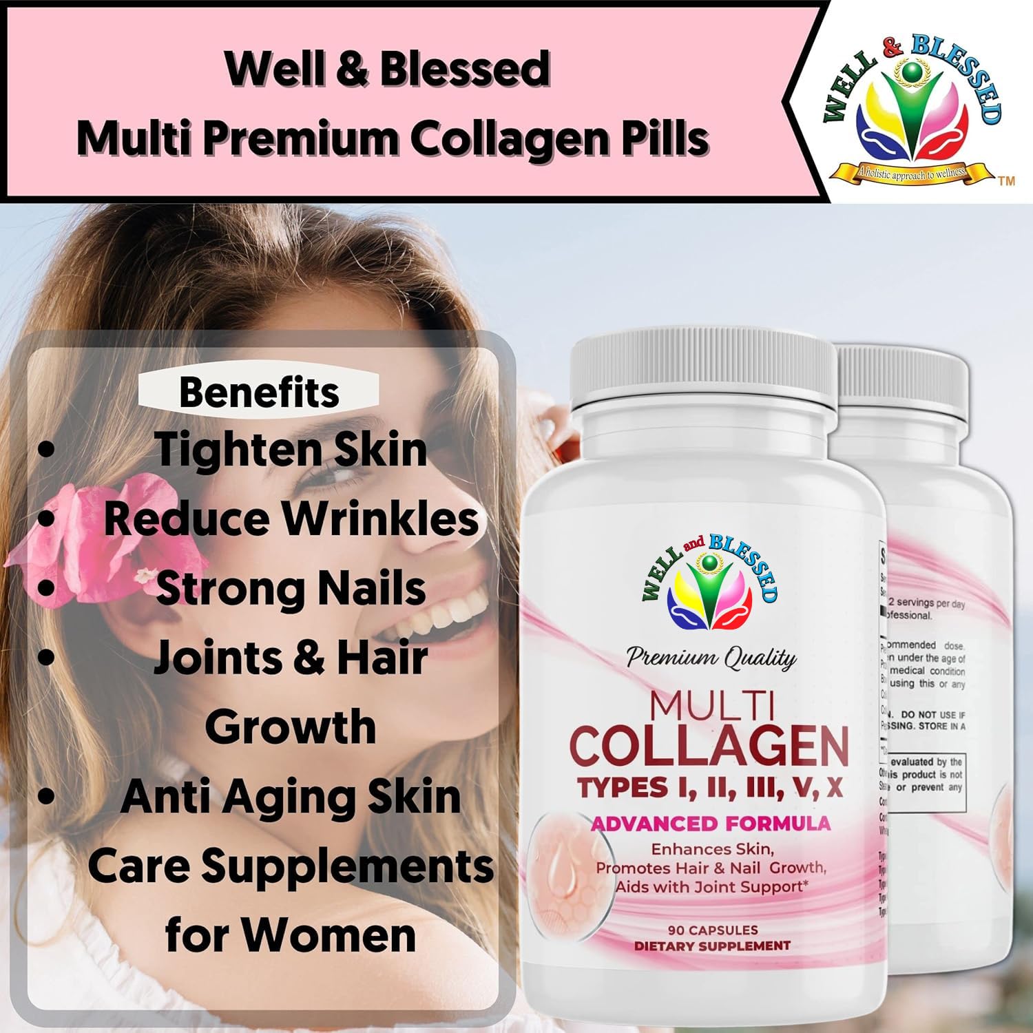 Well and Blessed bottle on table for easy daily collagen routine.