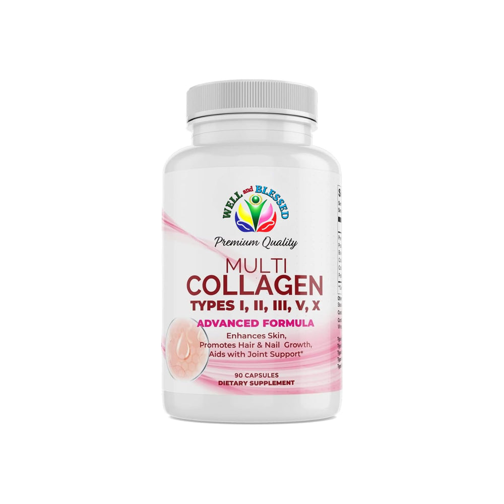Well and Blessed multi collagen bottle with capsules for skin and nails support.