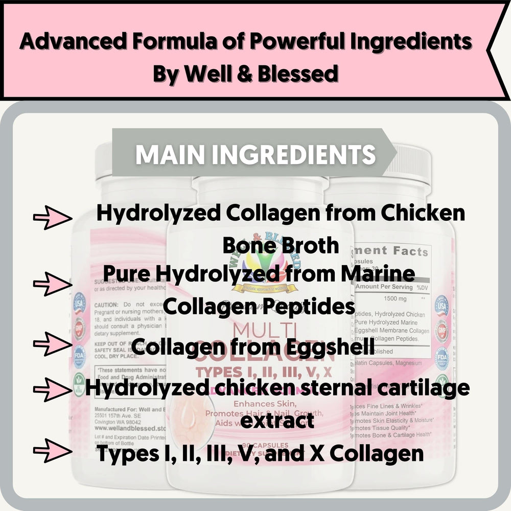 Well and Blessed vitamin C and E label highlighting skin hydration and antioxidant support.