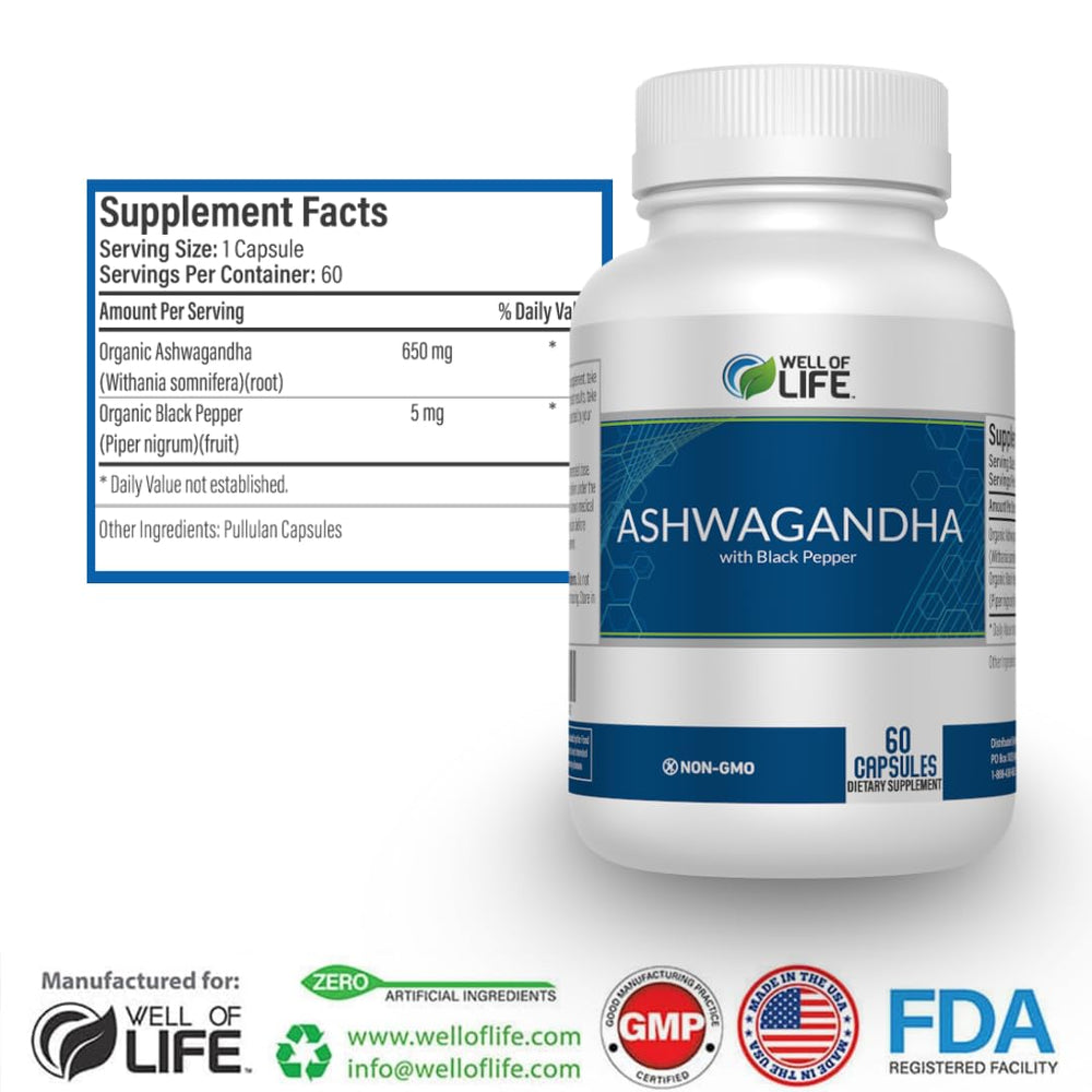 Well of Life Ashwagandha capsules closeup showing vegan capsules for adrenal support.