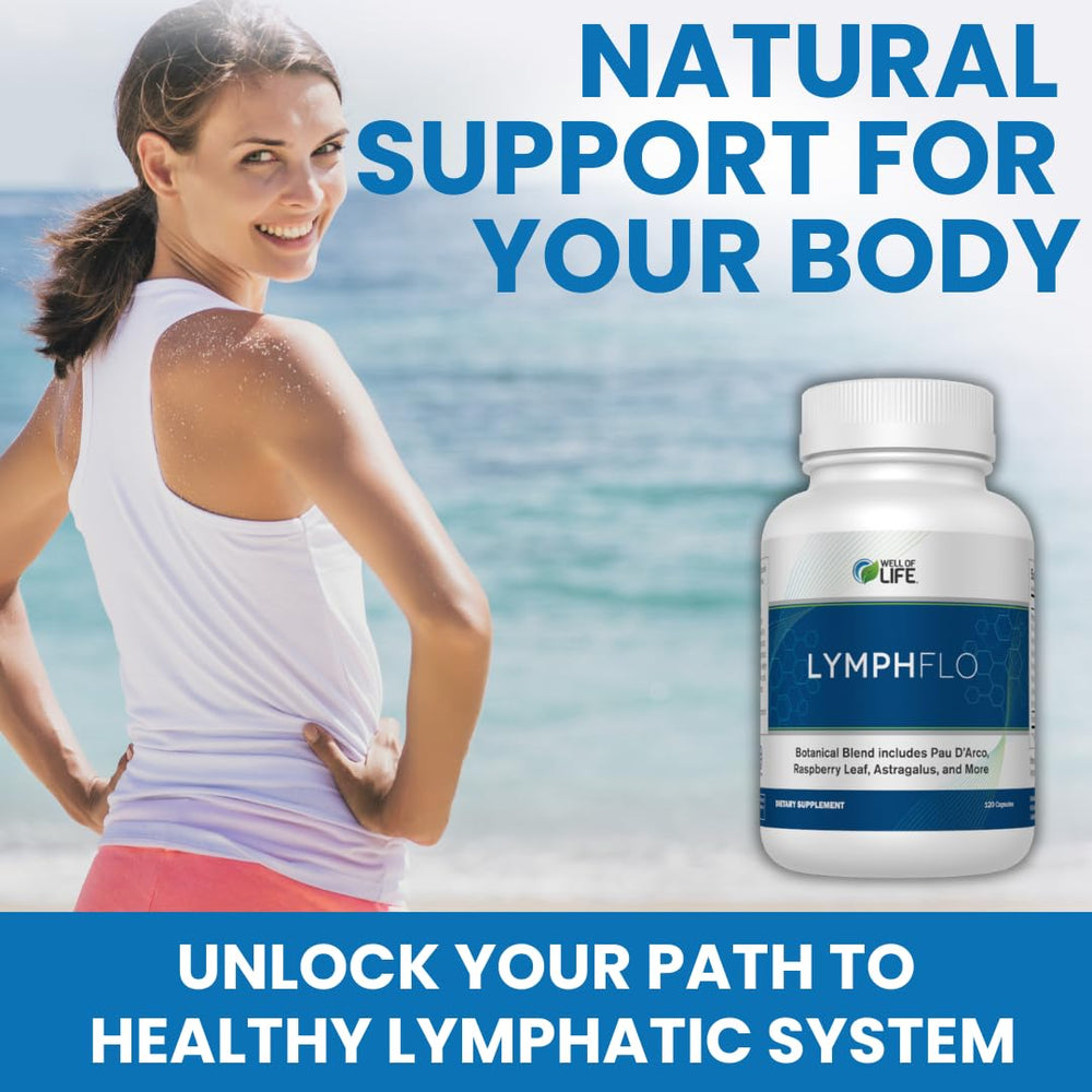 Well of Life LymphFlo capsules close-up highlights pau d'arco and red peony root ingredients.