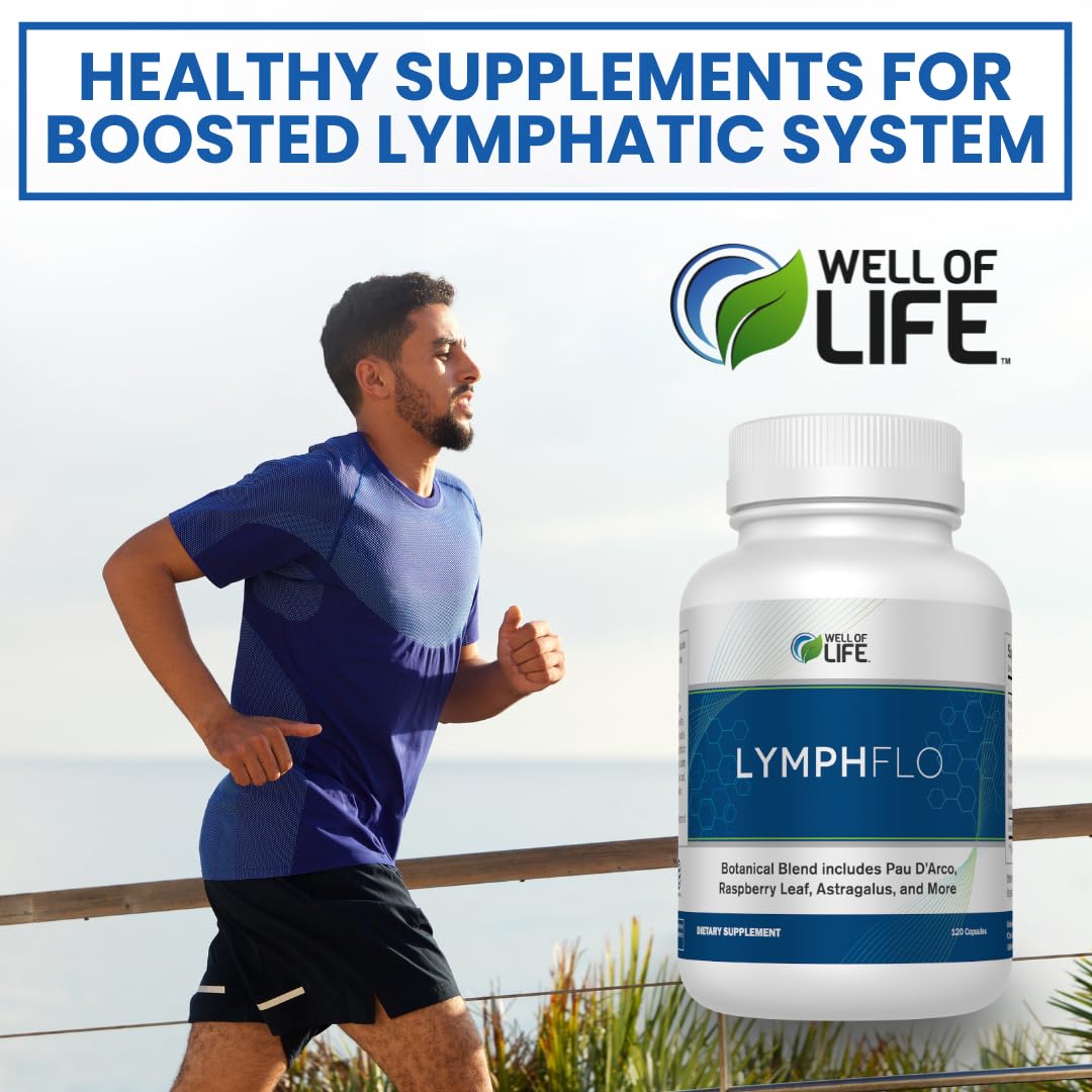 Well of Life LymphFlo packaging detail emphasizes vegan gluten-free GMO-free formulation.