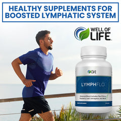 Well of Life LymphFlo packaging detail emphasizes vegan gluten-free GMO-free formulation.