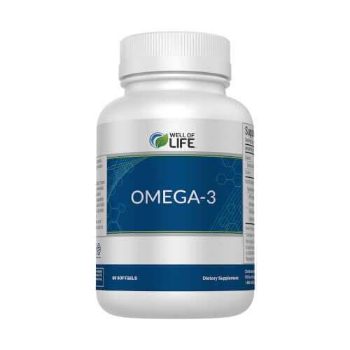 Well of Life Omega-3 bottle front showing 60 softgels for daily wellness.