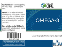 Well of Life Omega-3 purity label emphasizes non-GMO and testing.