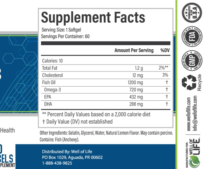 Well of Life Omega-3 softgels close-up highlighting easy-to-swallow capsules.
