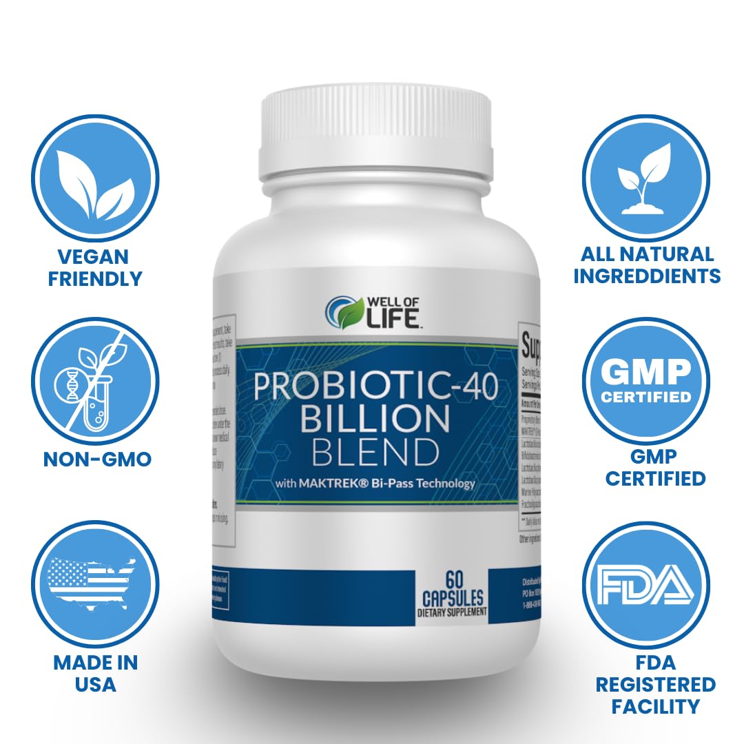 Well of Life Probiotic bottle label noting non-GMO and USA-made production
