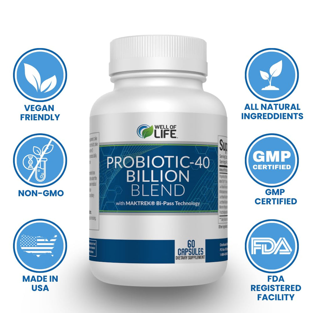 Well of Life Probiotic bottle label noting non-GMO and USA-made production