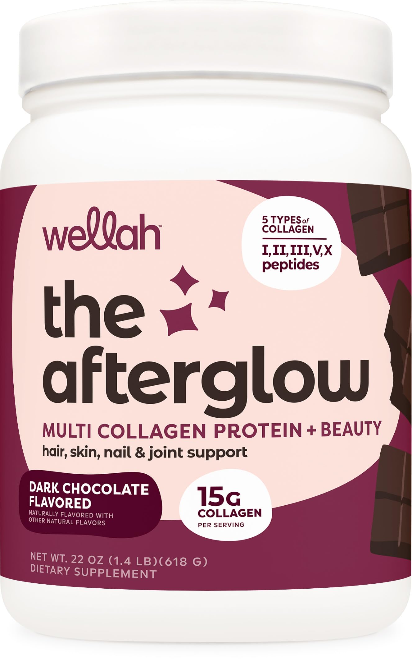 Wellah Afterglow dark chocolate tub front, inviting daily collagen use.
