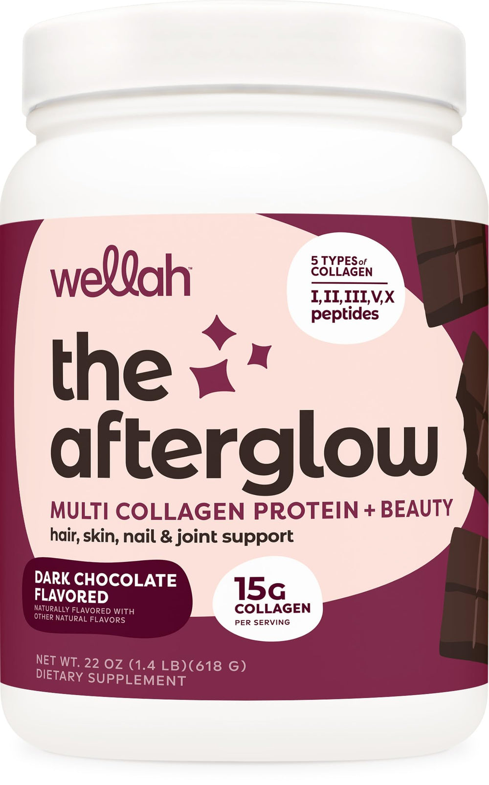Wellah Afterglow dark chocolate tub front, inviting daily collagen use.