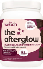 Wellah Afterglow dark chocolate tub front, inviting daily collagen use.