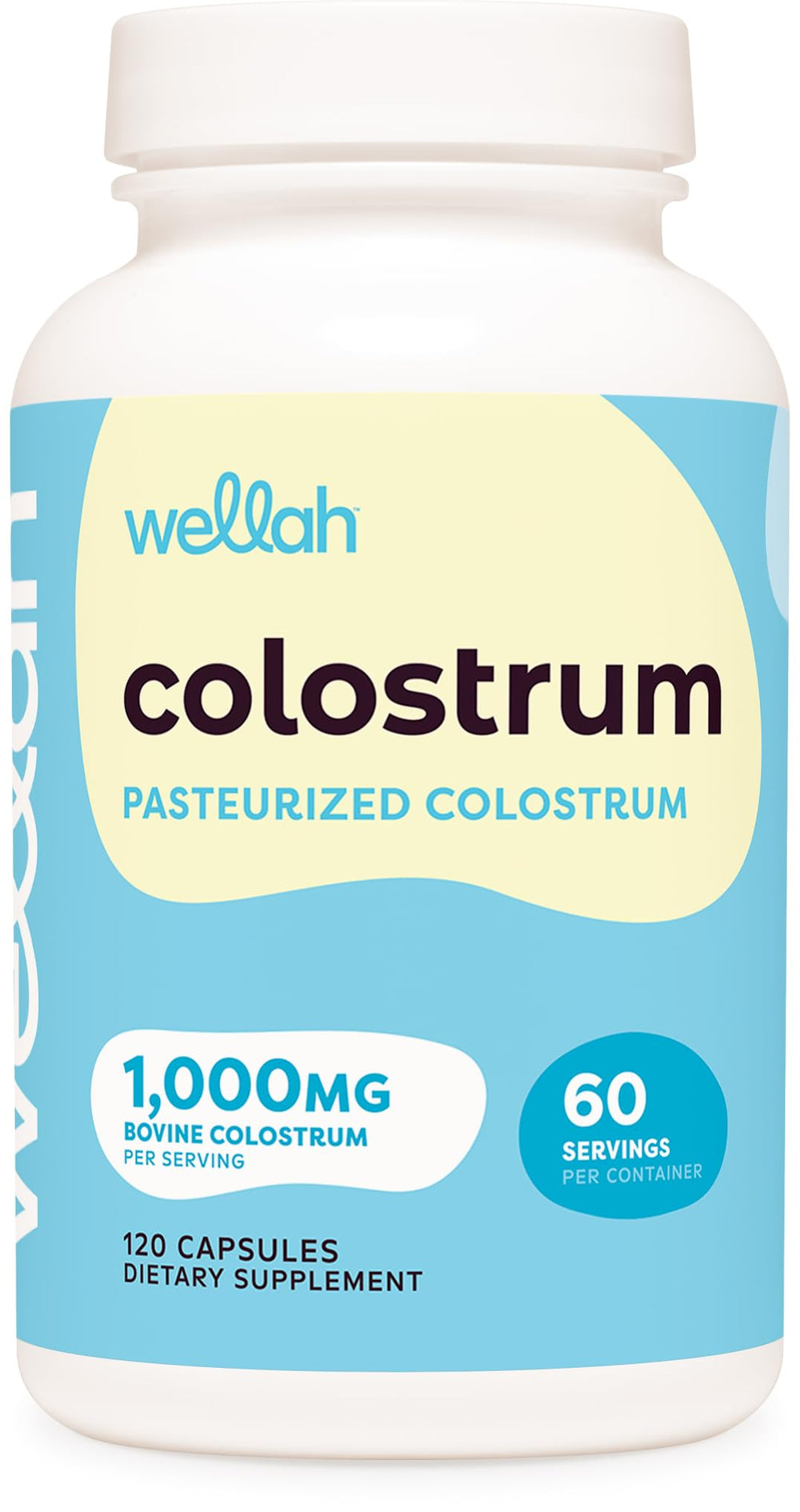 Wellah pasteurized colostrum capsules bottle front showing 60 servings for daily support.