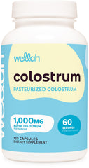 Wellah pasteurized colostrum capsules bottle front showing 60 servings for daily support.