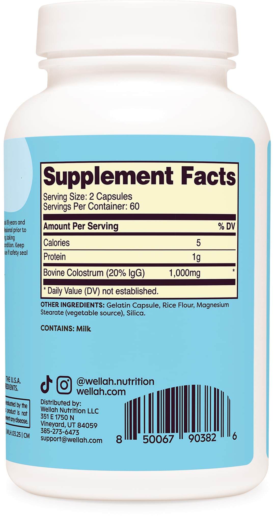 Wellah pasteurized colostrum capsules packaging shot indicating NSF GMP compliance manufacturing.