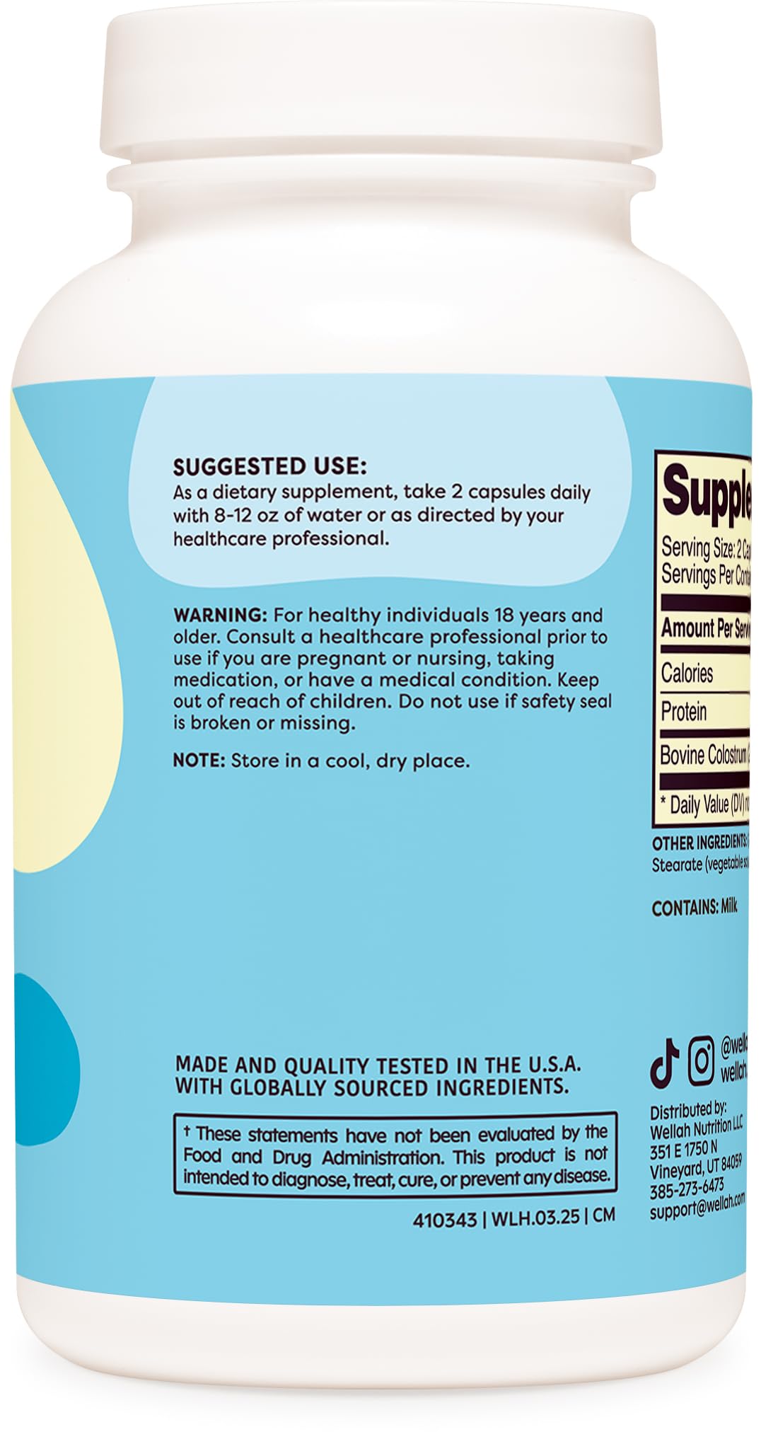 Wellah colostrum capsules serving image features two capsules for easy daily dose.