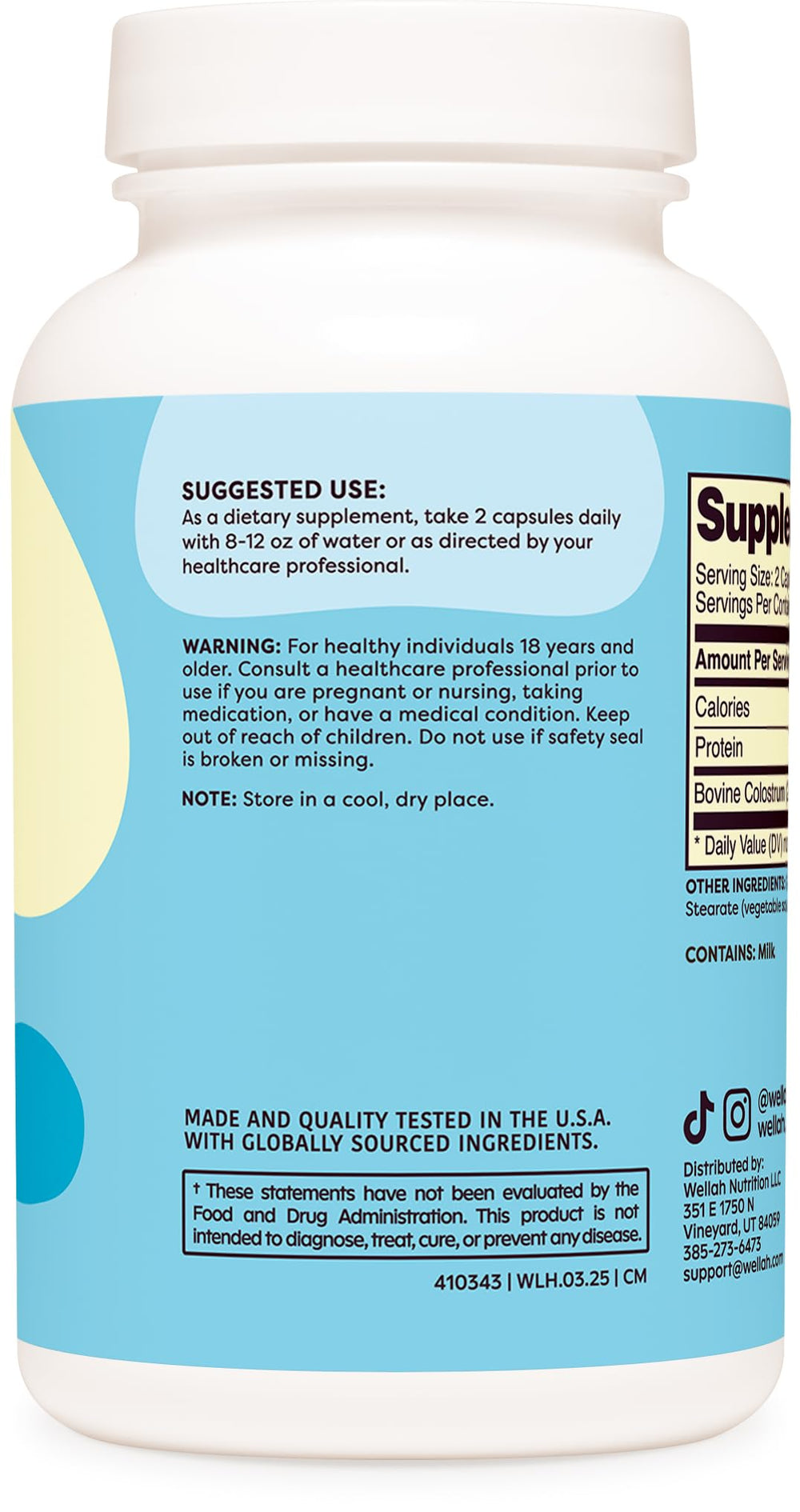 Wellah colostrum capsules serving image features two capsules for easy daily dose.