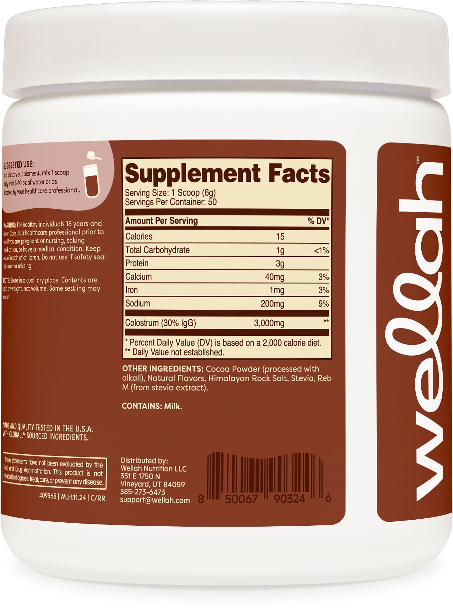 Wellah Colostrum Rocky Road label indicating quality and third-party testing