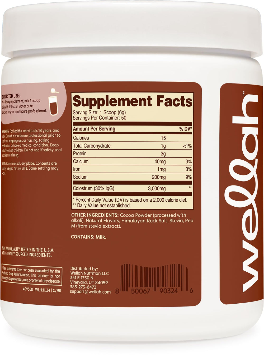 Wellah Colostrum Rocky Road label indicating quality and third-party testing