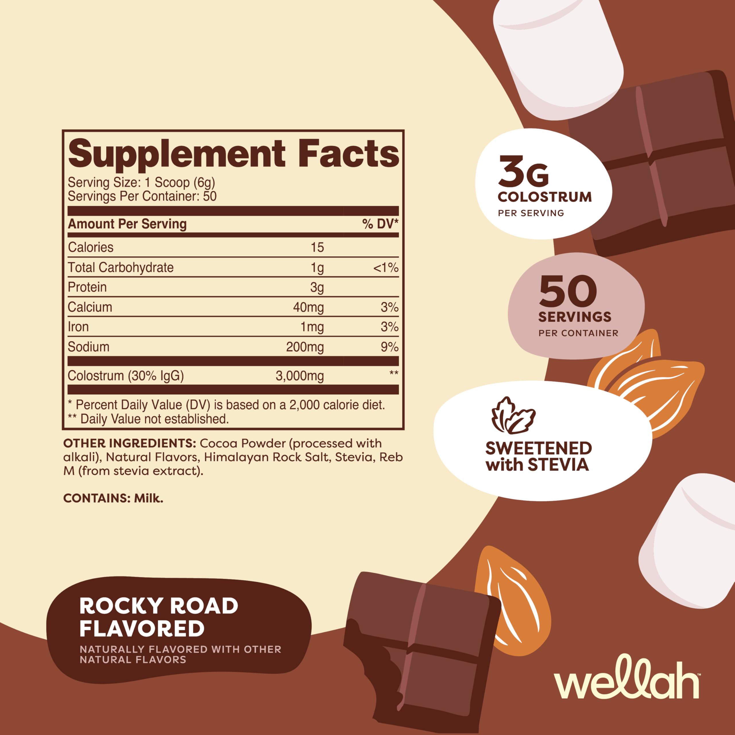 Wellah Colostrum Rocky Road scoop used to measure a 3 g serving