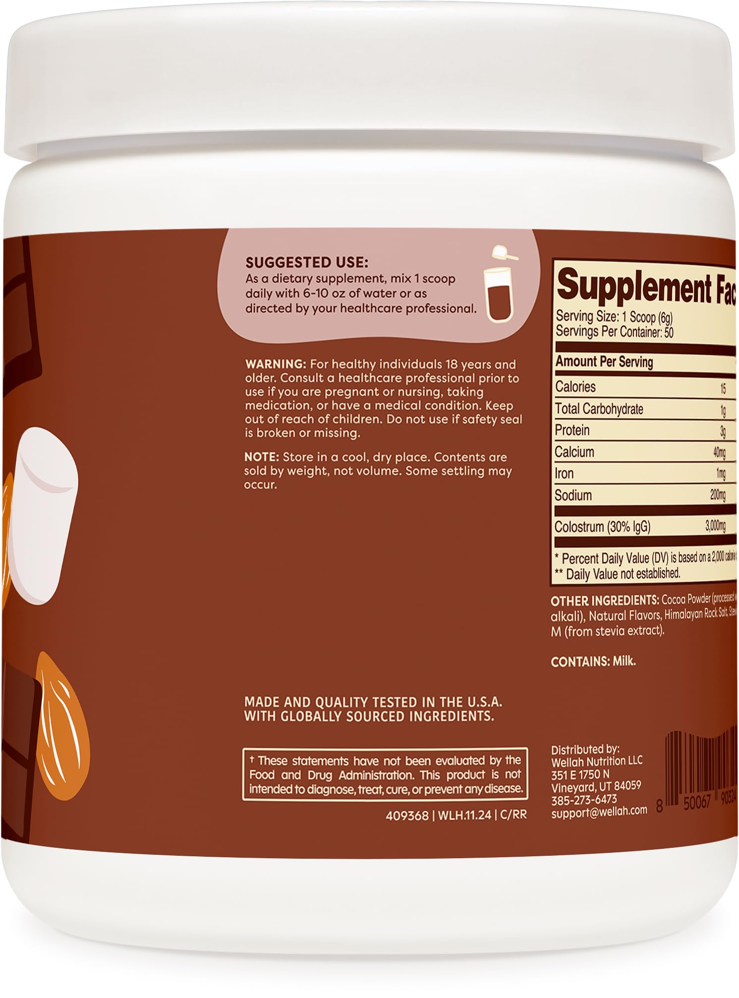 Wellah Colostrum Rocky Road shake glass highlighting a delicious, stevia-sweetened beverage