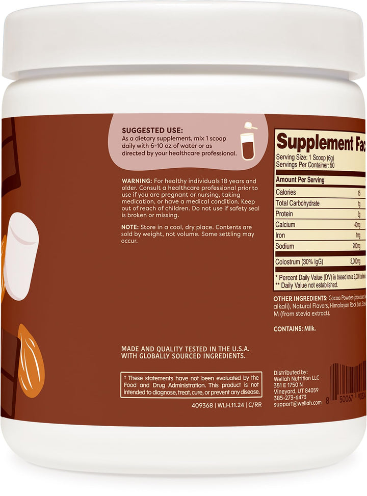 Wellah Colostrum Rocky Road shake glass highlighting a delicious, stevia-sweetened beverage