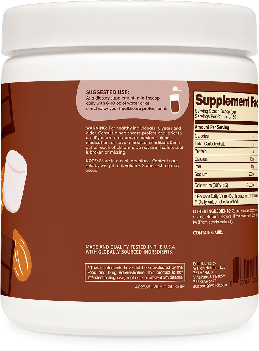 Wellah Colostrum Rocky Road shake glass highlighting a delicious, stevia-sweetened beverage