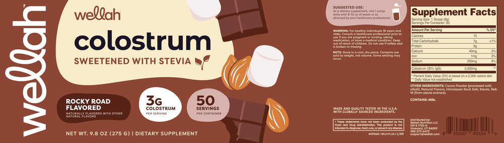 Wellah Colostrum Rocky Road tub ready for daily use and storage