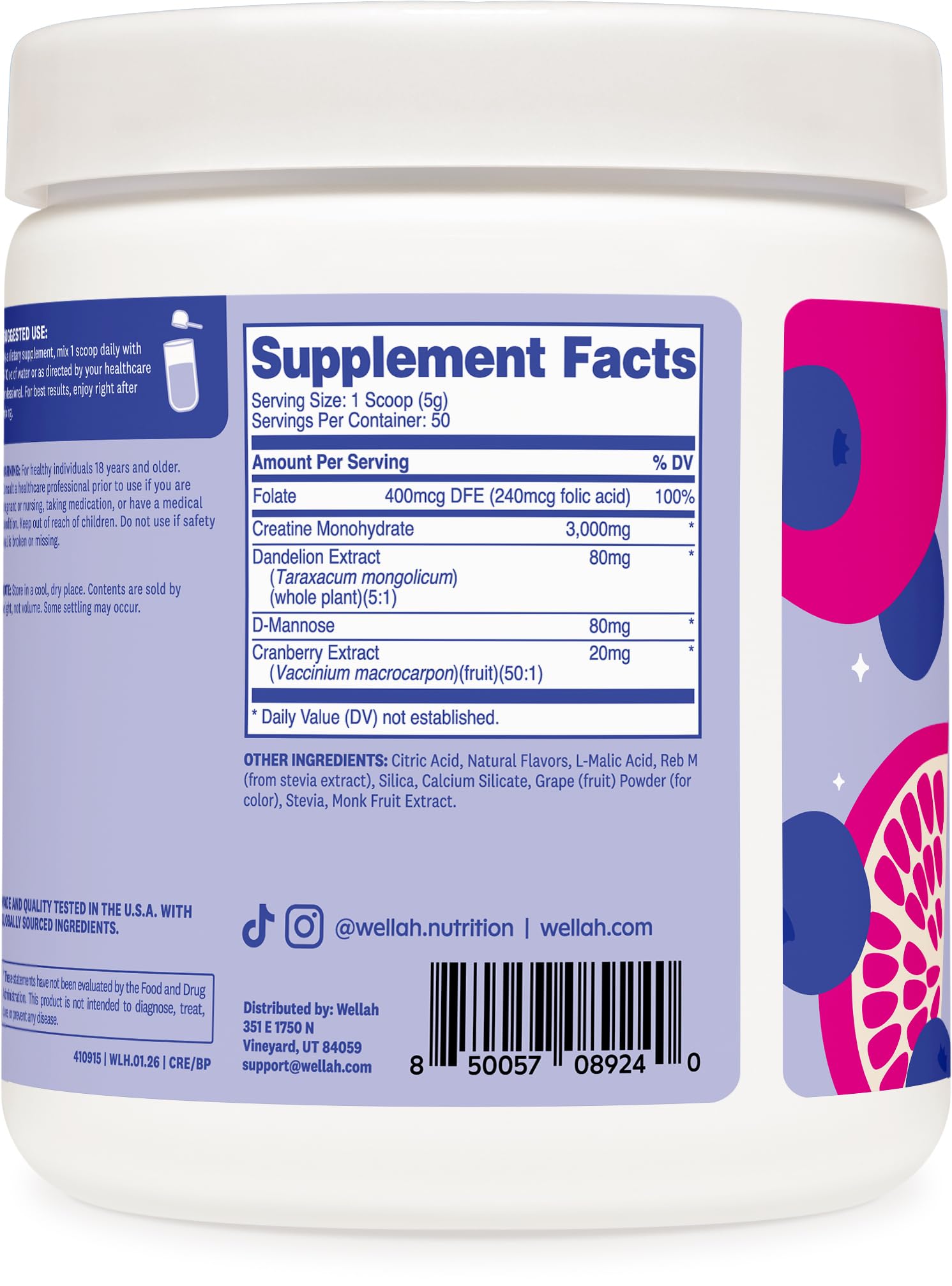 Wellah Creatina Monohidrato con diente de leon y arandano, complemento natural para entrenamiento