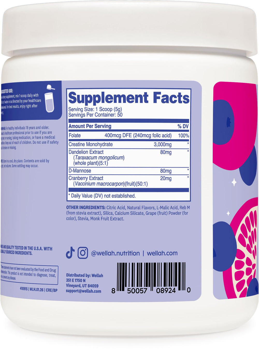 Wellah Creatina Monohidrato con diente de leon y arandano, complemento natural para entrenamiento