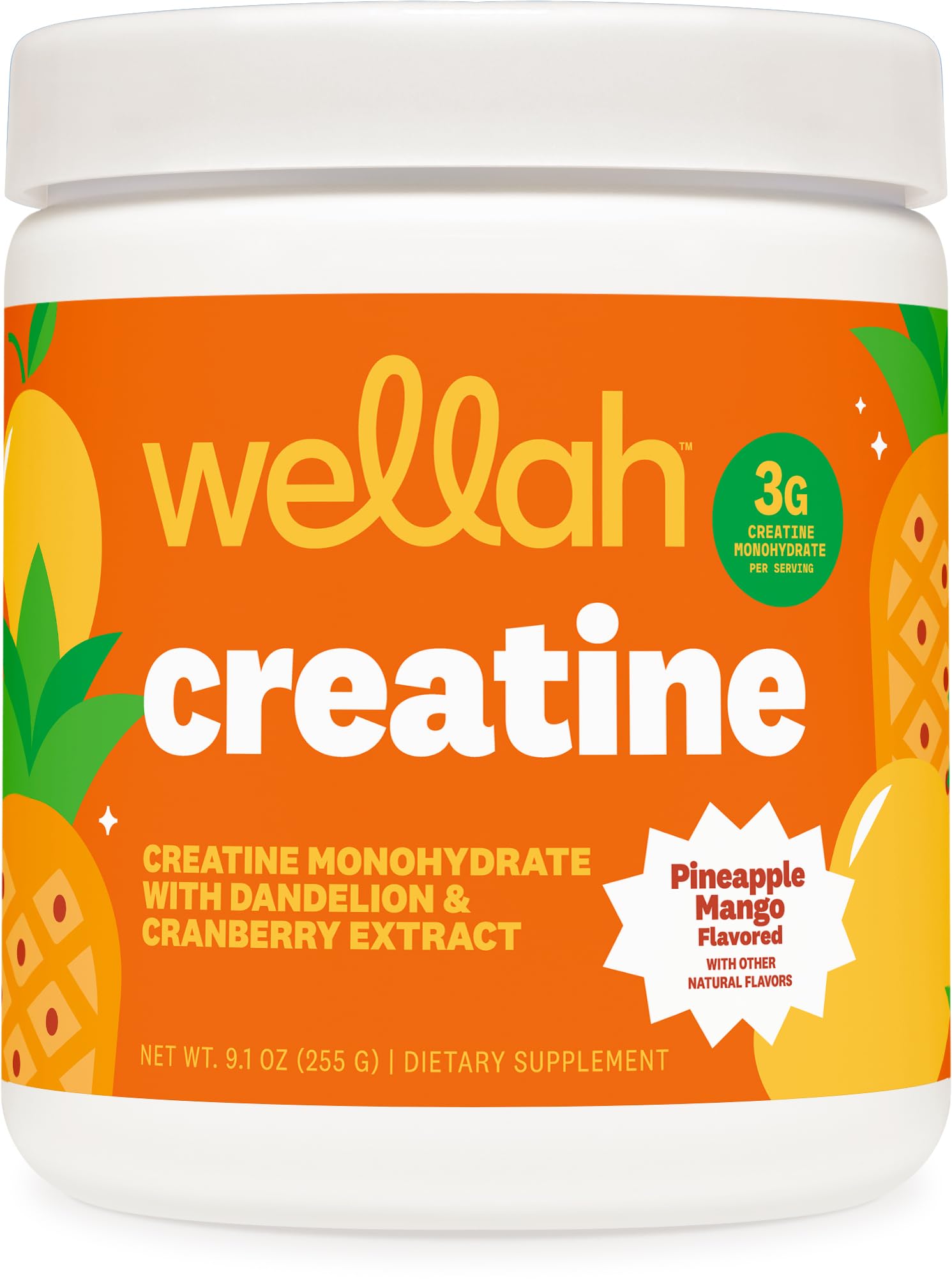 Wellah creatina para mujeres, frasco sabor piña-mango, ayuda a la energía diaria.