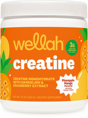 Wellah creatina para mujeres, frasco sabor piña-mango, ayuda a la energía diaria.