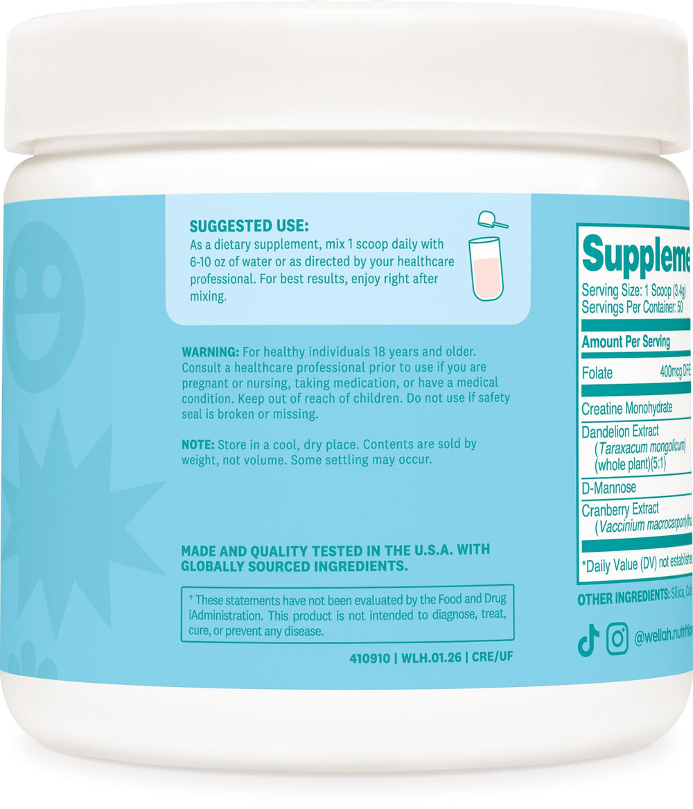 Etiqueta de Wellah Creatina con ingredientes naturales y pruebas de calidad.