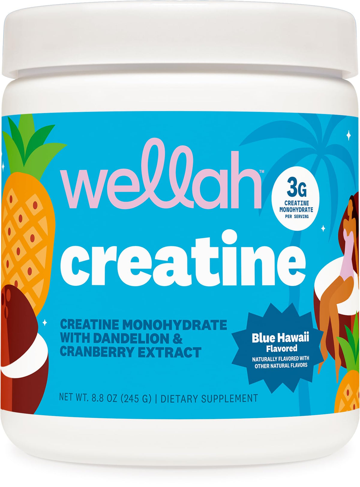 Wellah Creatine Blue Hawaii bottle with tropical flavor for daily use
