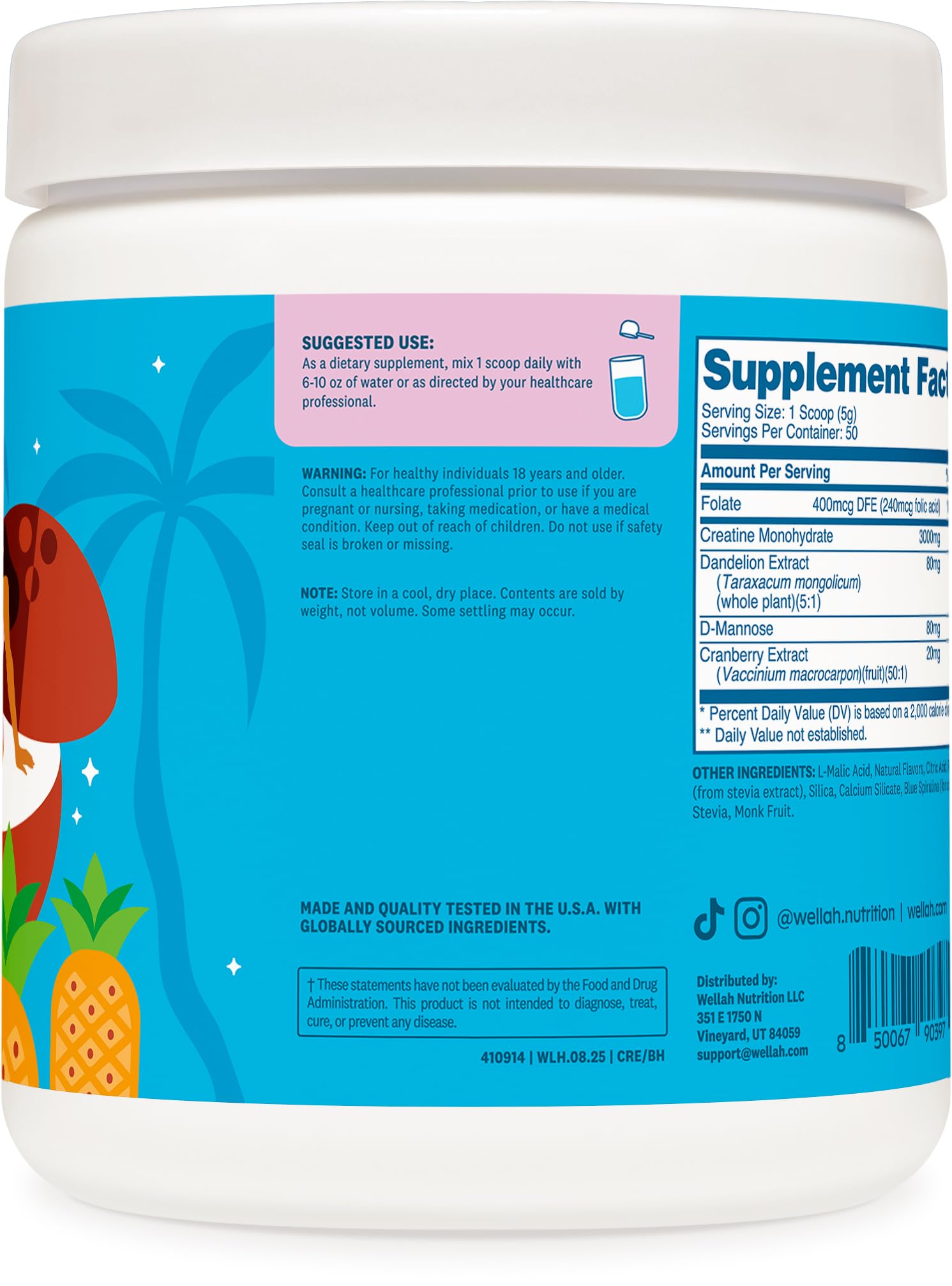 Wellah Creatine Blue Hawaii label closeup highlighting ingredients