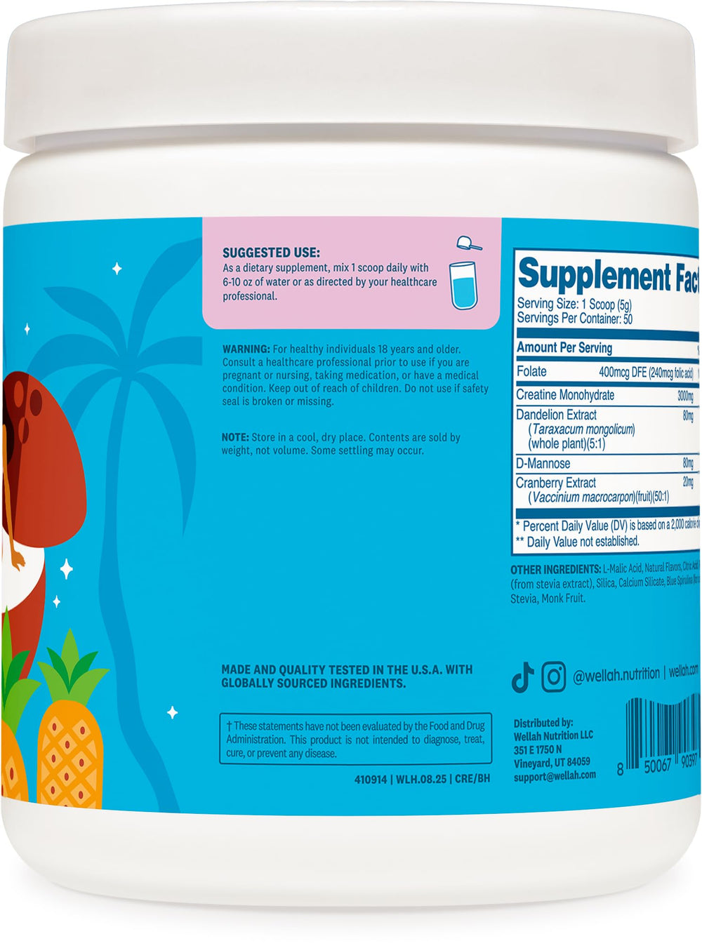 Wellah Creatine Blue Hawaii label closeup highlighting ingredients