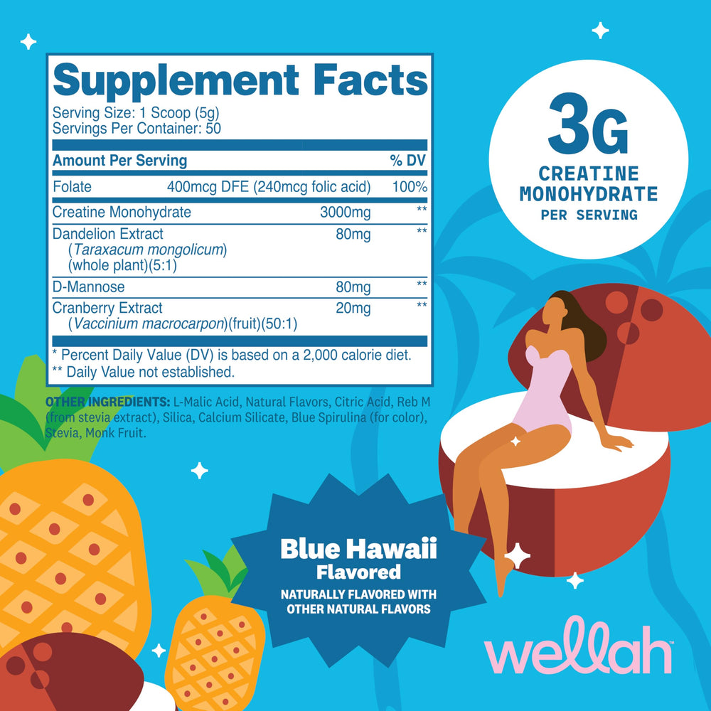 Wellah Creatine Blue Hawaii powder scoop showing 3 g portions