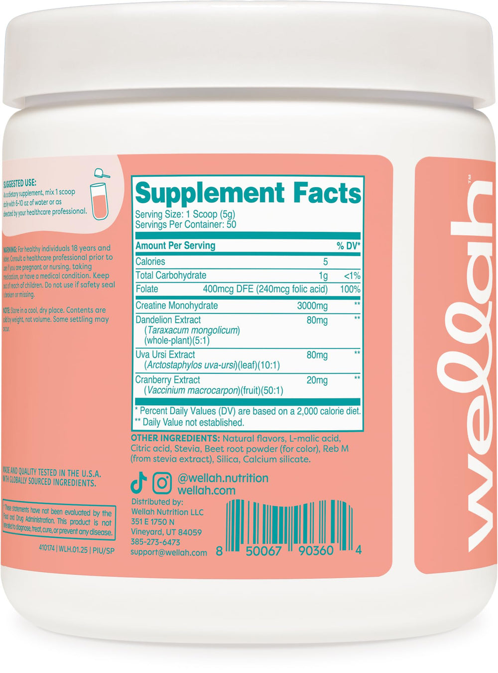Wellah Creatine for Women 3 grams per scoop, convenient dosing for consistency.