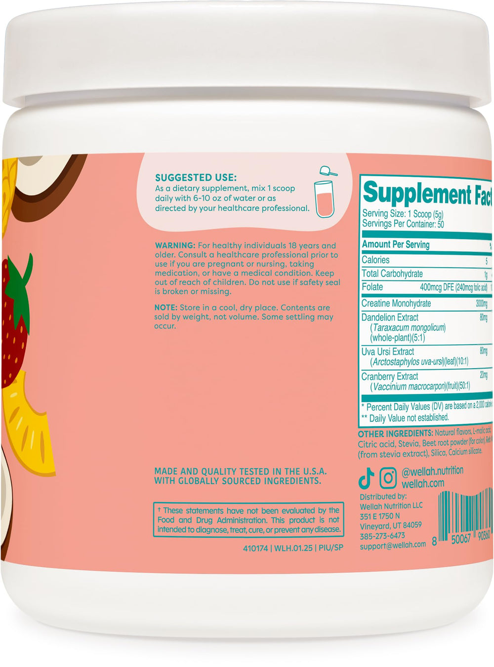 Wellah Creatine for Women with dandelion and cranberry extract, natural blend for daily use.