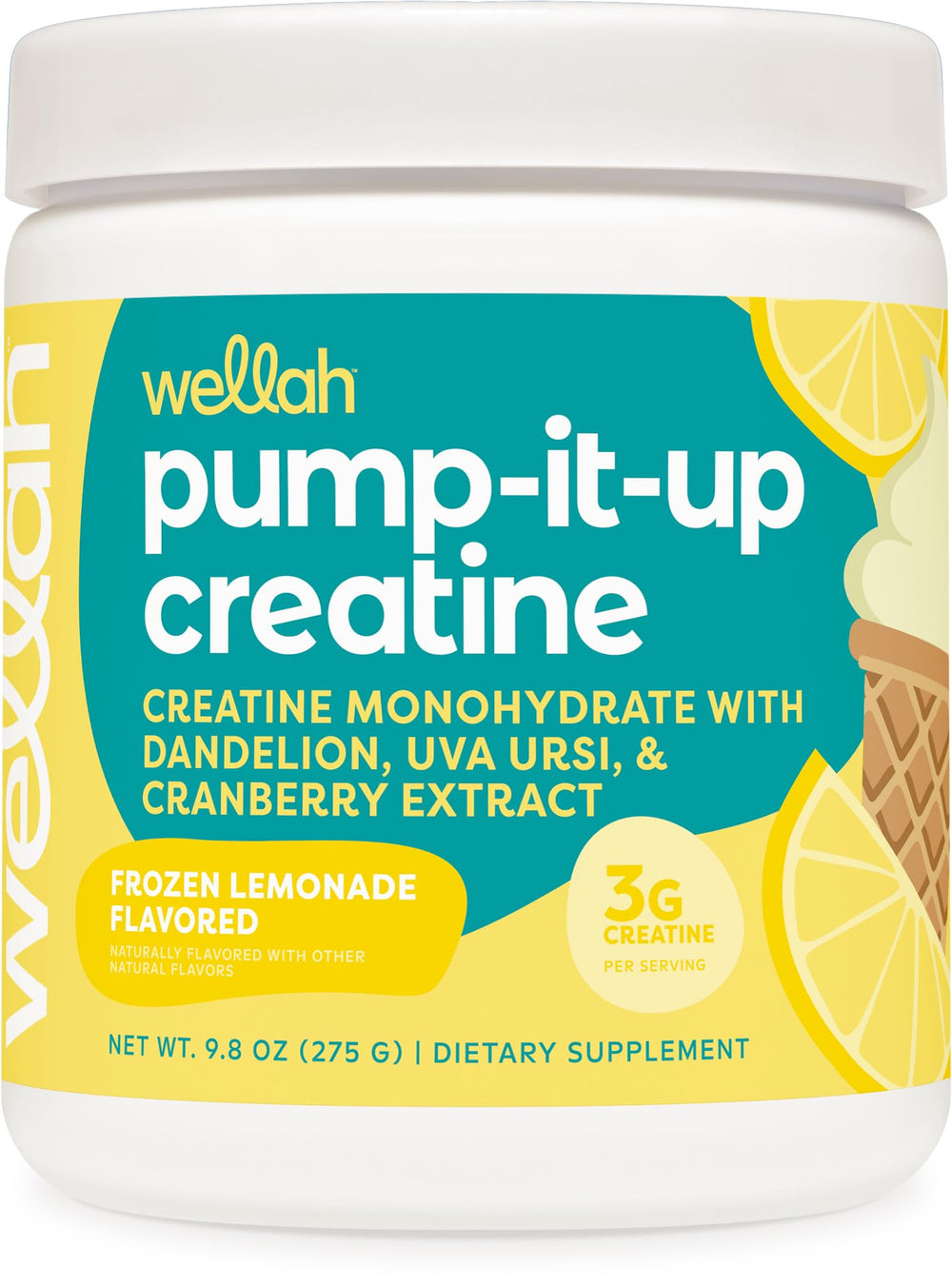 Wellah Creatine for Women bottle with Frozen Lemonade label ready for daily use