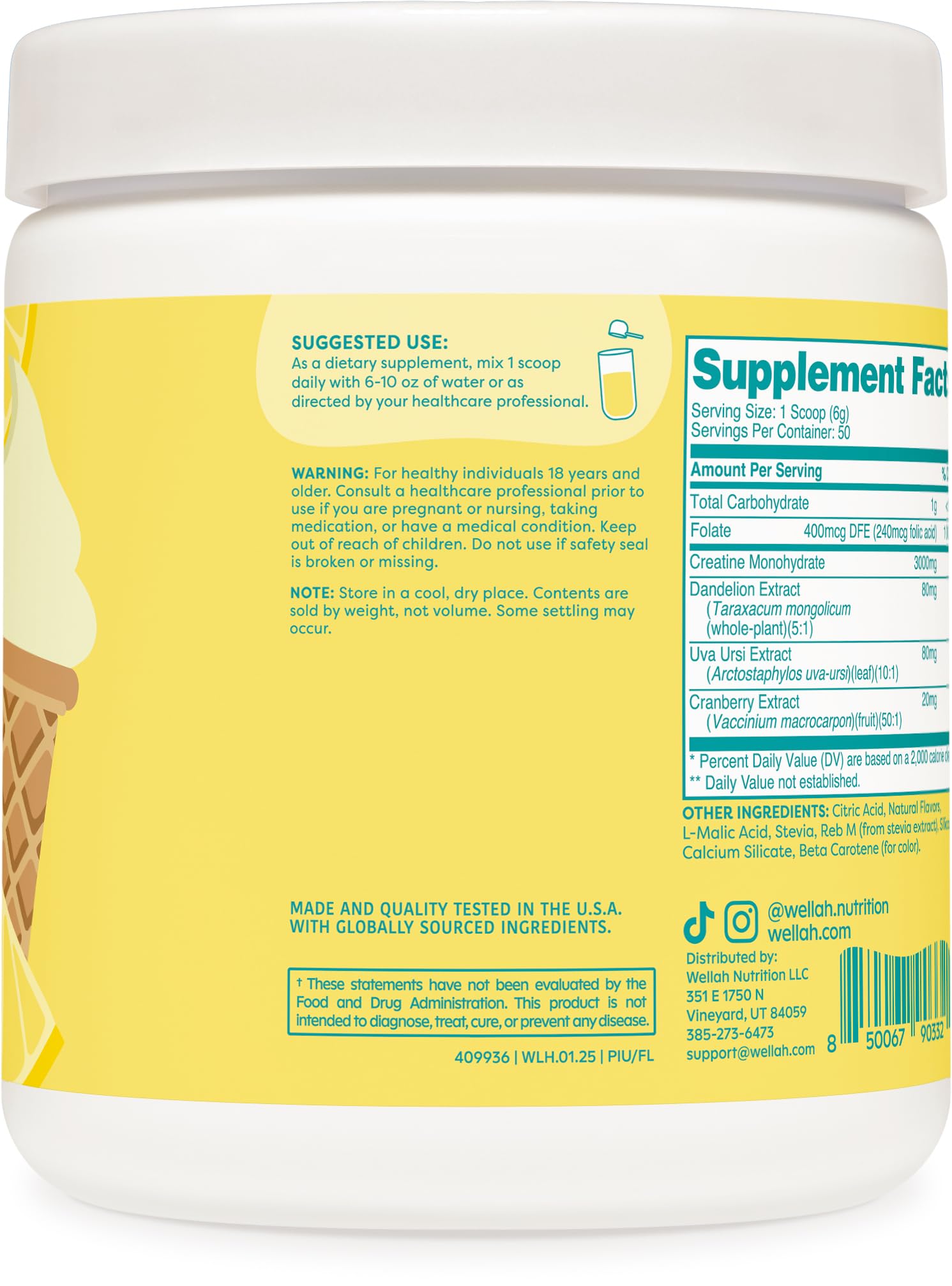 Wellah Creatine for Women ingredients include dandelion and cranberry extract for everyday use