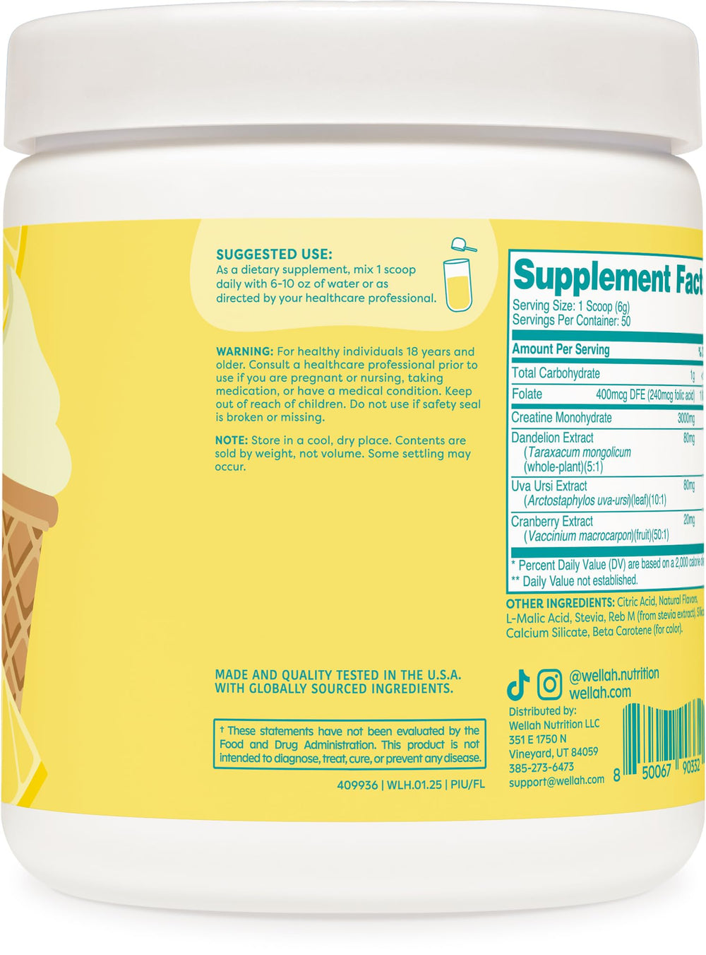 Wellah Creatine for Women ingredients include dandelion and cranberry extract for everyday use