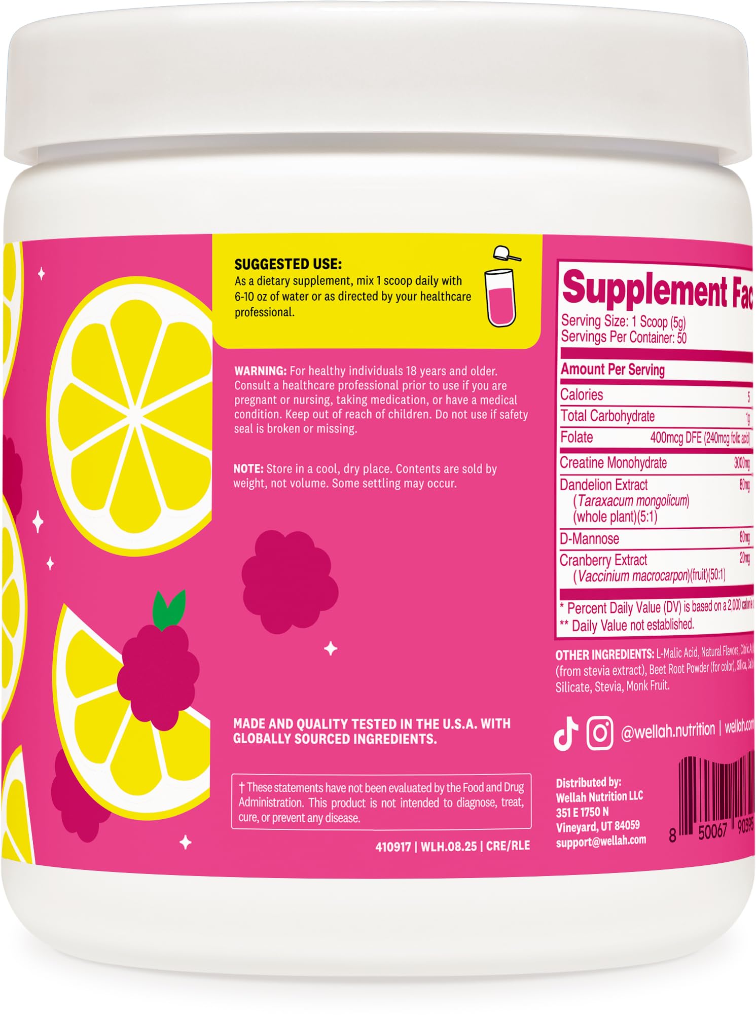 Wellah Creatine for Women Raspberry Lemonade ingredients with dandelion and cranberry extract