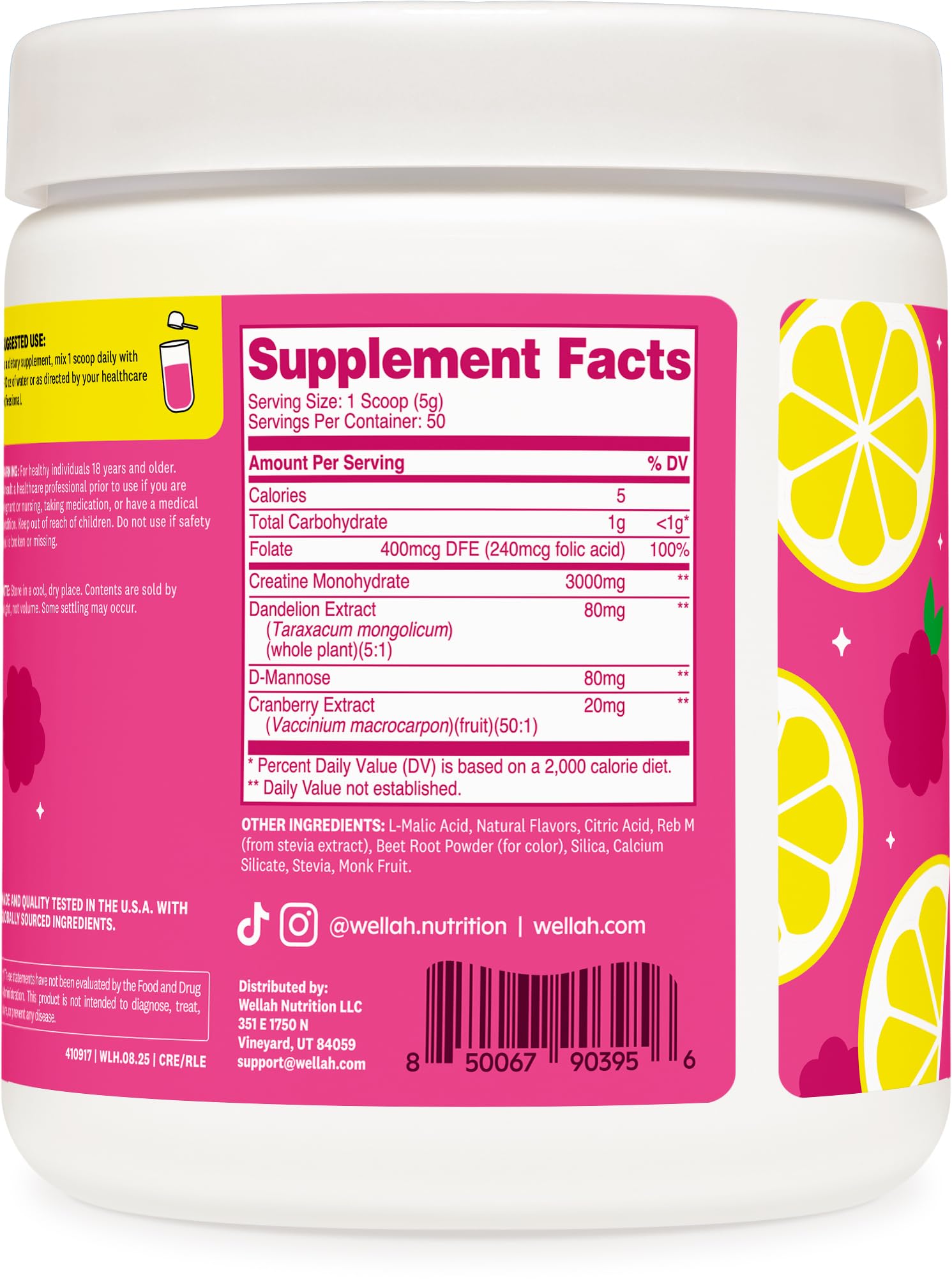 Wellah Creatine for Women Raspberry Lemonade label and quality facility icons