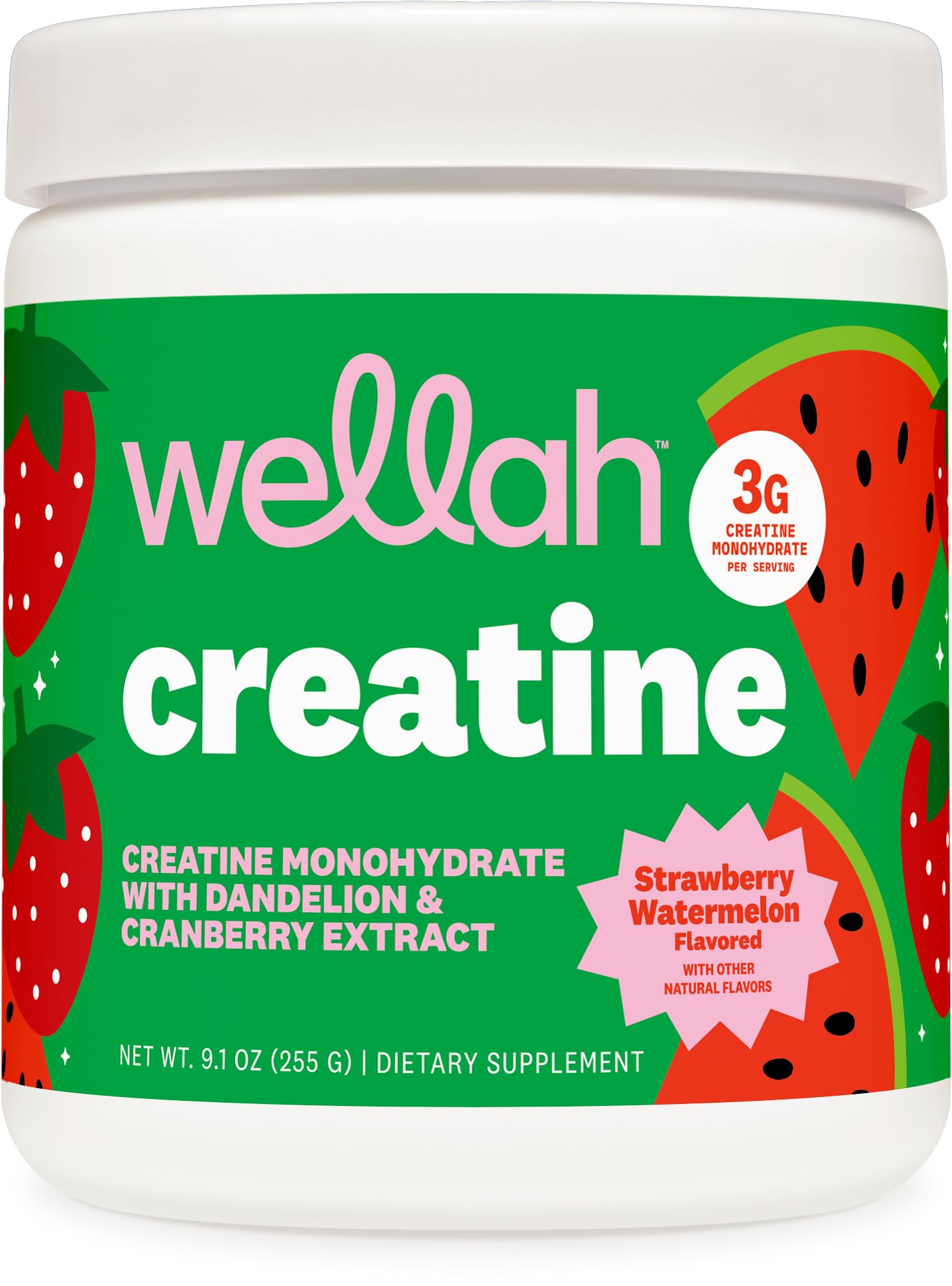 Wellah Creatine for Women container with Strawberry Watermelon flavor enables easy daily dosing.