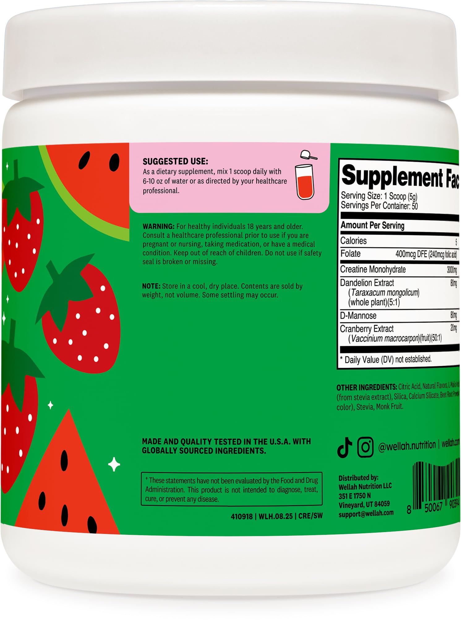 Wellah Creatine for Women powder dissolves smoothly for a refreshing Strawberry Watermelon taste.